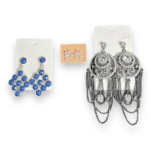 3 Pairs Fashion Earrings Faux Rhinestones Drop, Hanging, Stud Silver Tone - New